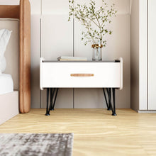 Load image into Gallery viewer, Modern nightstand with matte black 28-inch hairpin steel legs, styled with books and plant, in a bright minimalist bedroom.
