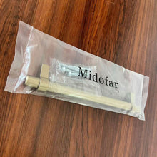 Load image into Gallery viewer, Midofar champagne bronze cabinet handle in packaging on wooden surface, includes screws for kitchen or closet door installation.
