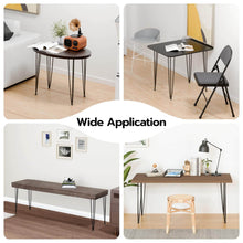 Load image into Gallery viewer, Four different tables using 28 inch black hairpin table legs, showcasing versatile applications in various room settings.