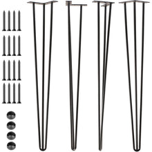 Load image into Gallery viewer, 28-inch matte black hairpin table legs set of 4 with screws and floor protectors, sturdy 3-rod design for DIY furniture projects.