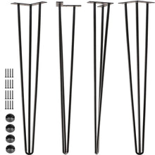 Load image into Gallery viewer, Set of four 28-inch 3-rod matte black steel hairpin table legs with screws and floor protectors, ideal for DIY furniture projects.