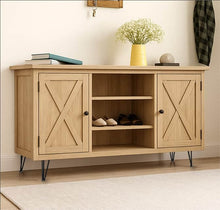 Load image into Gallery viewer, Wooden sideboard with matte black 28" hairpin table legs, featuring two cabinet doors, shelves, and decorative items on top.