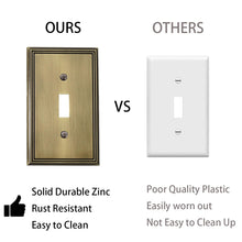 이미지를 갤러리 뷰어에 로드 , Comparison of antique brass light switch cover made from durable zinc against plastic alternative.