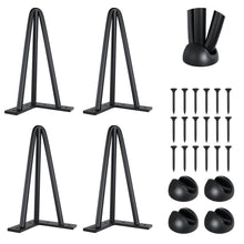 Load image into Gallery viewer, Set of 4 matte black 28-inch hairpin table legs with screws and protective feet, 3-rod steel design for DIY furniture projects.