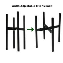 Load image into Gallery viewer, 2-tier adjustable plant stand with width adjustable from 8 to 12 inches, shown in black steel frame, tool-free assembly design.