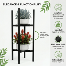Load image into Gallery viewer, Product infographic titled Elegance and Functionality highlighting features: adaptable for 8 to 12 inch pots, heavy-duty support up to 150 lbs, and a sleek black metal finish.