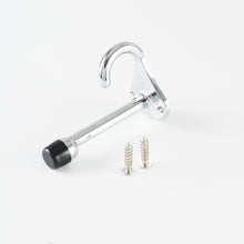 Load image into Gallery viewer, Side angle view of the zinc alloy door stopper and robe hook combo with included mounting screws.
