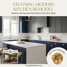 Cargar imagen en el visor de la galería, Gold Petal Knobs featured in a stunning modern kitchen remodel with exquisite floral drawer pulls.