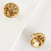 Cargar imagen en el visor de la galería, Gold Petal Knobs - Elegant flower drawer pulls for cabinets, pack of 2, showcasing intricate floral designs in gold.