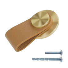Загрузить изображение в средство просмотра галереи, European style leather cabinet knob with brushed brass and zinc alloy base, includes screws, ideal for furniture and kitchen drawers.