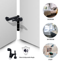 Load image into Gallery viewer, Matte Black Hinge Pin Door Stopper by Triumph Hardware shown in bedroom, bathroom, and study with adjustable angle feature.