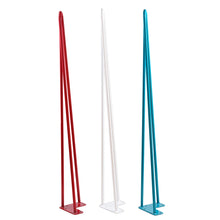Load image into Gallery viewer, Red, white, and blue 30-inch metal hairpin furniture legs for DIY tables, desks, and nightstands, featuring rubber floor protectors.