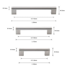 Load image into Gallery viewer, comparison of brushed nickel bar pulls sizes - multiple options