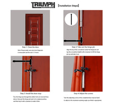 Load image into Gallery viewer, Installation steps for Triumph Hardware Matte Black Hinge Pin Door Stopper showing door, hinge, and stopper setup.