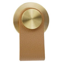 Загрузить изображение в средство просмотра галереи, Leather cabinet knob with brushed brass and zinc alloy base, perfect for European style furniture, kitchen, or dresser hardware.