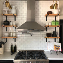 Load image into Gallery viewer, Modern kitchen with Midofar heavy-duty shelf brackets, rustic farmhouse style, displaying dishes and decor above a stainless steel stove.