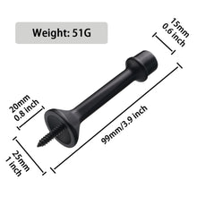 이미지를 갤러리 뷰어에 로드 , Matte black heavy duty solid rigid door stop with soft rubber tip and mounting screw, dimensions shown in millimeters and inches.