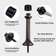 Load image into Gallery viewer, Industrial Adjustable Door Stop in Oil Rubbed Bronze with Rubber Tip, shown with installation steps and zinc alloy features.