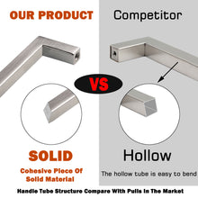 Load image into Gallery viewer, Comparison of Triumph Hardware's solid drawer handle versus a competitor's hollow handle, highlighting durability and material quality.