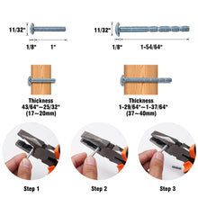 Load image into Gallery viewer, Installation guide for adjustable screw lengths in wooden surfaces, showing step-by-step process with pliers and bolts.
