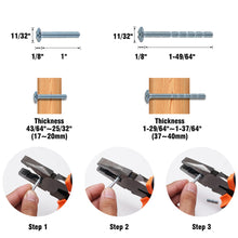 Загрузить изображение в средство просмотра галереи, Screw cutting guide with measurements and pliers, showing three steps for adjusting screw length for wood thickness.