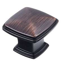 Load image into Gallery viewer, Oil rubbed bronze square cabinet knob with durable zinc alloy construction; decorative single hole drawer pull for kitchen furniture.