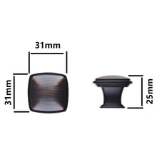 Load image into Gallery viewer, Oil rubbed bronze square cabinet knobs with dimensions, 31mm x 31mm top view, 25mm side height, for kitchen furniture.