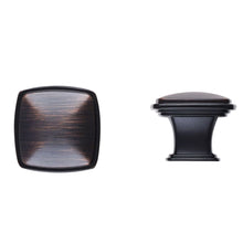 Load image into Gallery viewer, Oil rubbed bronze square cabinet knob with decorative design, single hole, durable zinc alloy construction, ideal for kitchen or dresser use.