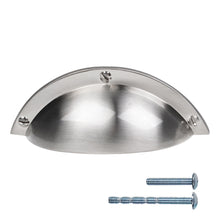 Load image into Gallery viewer, Half round satin nickel shell cabinet handle with screws, durable kitchen hardware by Triumph Hardware, 2-1/2 inch size.