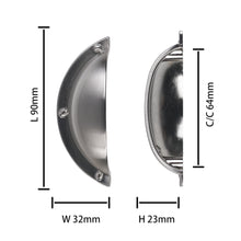Load image into Gallery viewer, Half round shell brushed satin nickel handles with dimensions for drawers, 64mm center to center, Triumph Hardware.