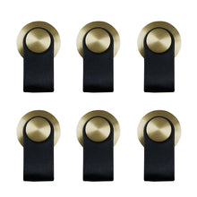 Загрузить изображение в средство просмотра галереи, Black leather cabinet knobs with brushed brass base, 6 pack, modern European design for kitchen, wardrobe, bathroom by Triumph Hardware.