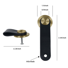 Загрузить изображение в средство просмотра галереи, Black leather cabinet knob shown with brushed brass and zinc alloy base, dimensions labeled, for kitchen and bathroom use.