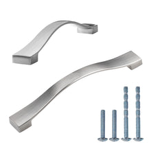 Load image into Gallery viewer, Brushed satin nickel arch drawer pull set with screws, ideal for kitchens and bathrooms, durable zinc alloy, 10 pack, 160mm handles.
