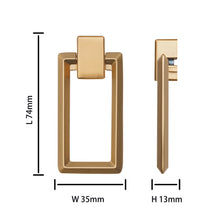 Load image into Gallery viewer, Lemon gold zinc alloy square pendant drawer handle dimensions: 74mm long, 35mm wide, 13mm high, durable cabinet pull.