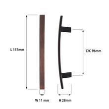 Load image into Gallery viewer, Oil rubbed bronze drawer pull with dimensions: L 157mm, W 11mm, C/C 96mm, H 28mm.