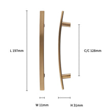 Load image into Gallery viewer, Champagne bronze drawer handles dimensions: L 197mm, W 11mm, H 31mm, C/C 128mm, perfect for kitchen upgrades.