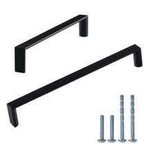 Load image into Gallery viewer, Matte black cabinet handles with screws, 6-1/4 inch square pulls, durable zinc alloy for kitchen and cupboard installations.