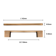Load image into Gallery viewer, Champagne bronze drawer handle, 6.3-inch zinc alloy, ideal for kitchen and bathroom cabinets with measurements shown.
