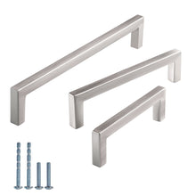 Load image into Gallery viewer, Brushed satin nickel square dresser handles with screws, pack of 10. Durable cabinet hardware by Triumph Hardware perfect for home use.