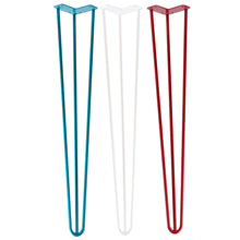 Load image into Gallery viewer, Red, white, and blue metal hairpin legs for furniture, suitable for DIY projects like nightstands and tables, with floor protectors.