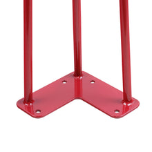 Load image into Gallery viewer, Red metal hairpin furniture legs with mounting plate, perfect for DIY tables and nightstands, includes rubber floor protectors.