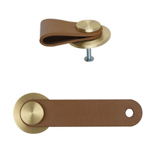 Загрузить изображение в средство просмотра галереи, Leather cabinet knobs with brushed brass base, European style, ideal for furniture, kitchen, or dresser, Triumph Hardware, 6 pack.