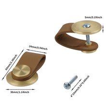 Загрузить изображение в средство просмотра галереи, Leather cabinet knobs with brushed brass and zinc alloy base, showing dimensions and components, Triumph Hardware.