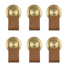 Загрузить изображение в средство просмотра галереи, Set of 6 European-style leather cabinet knobs with brushed brass and zinc alloy base, ideal for furniture and kitchen drawer pulls.
