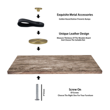 Загрузить изображение в средство просмотра галереи, Illustration of black leather cabinet knob with brushed brass base, detailing installation steps for modern drawer pulls.