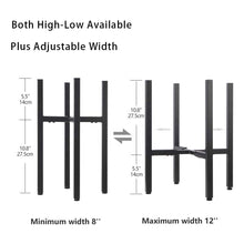Load image into Gallery viewer, Adjustable metal plant stand in matte black showing high-low reversible design with minimum width 8" and maximum width 12".