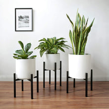 Load image into Gallery viewer, Adjustable metal plant stand holding potted plants, featuring matte black finish, reversible design, for indoor and outdoor use.