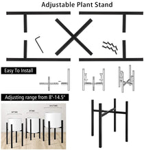 Load image into Gallery viewer, Alt Tag: Adjustable metal plant stand kit with reversible design, easy tool-free assembly, fits pots 8-14.5 inches in matte black.