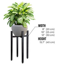 Load image into Gallery viewer, Adjustable matte black metal plant stand with potted green plant, showing width and height dimensions, tool-free assembly, reversible design.