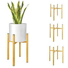 Load image into Gallery viewer, Lemon gold metal plant stand with adjustable height, suitable for indoor or outdoor use, holding a white flower pot with a green plant.